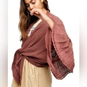 Free People Poppy Kimono Lace Open Front Guaze Robe Rosewood XS/S Tie NWT $98